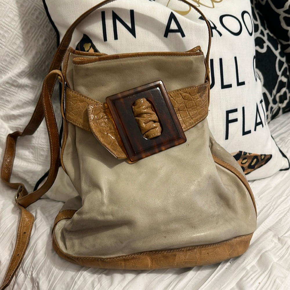 Camel and taupe Italian leather bucket hobo purse
